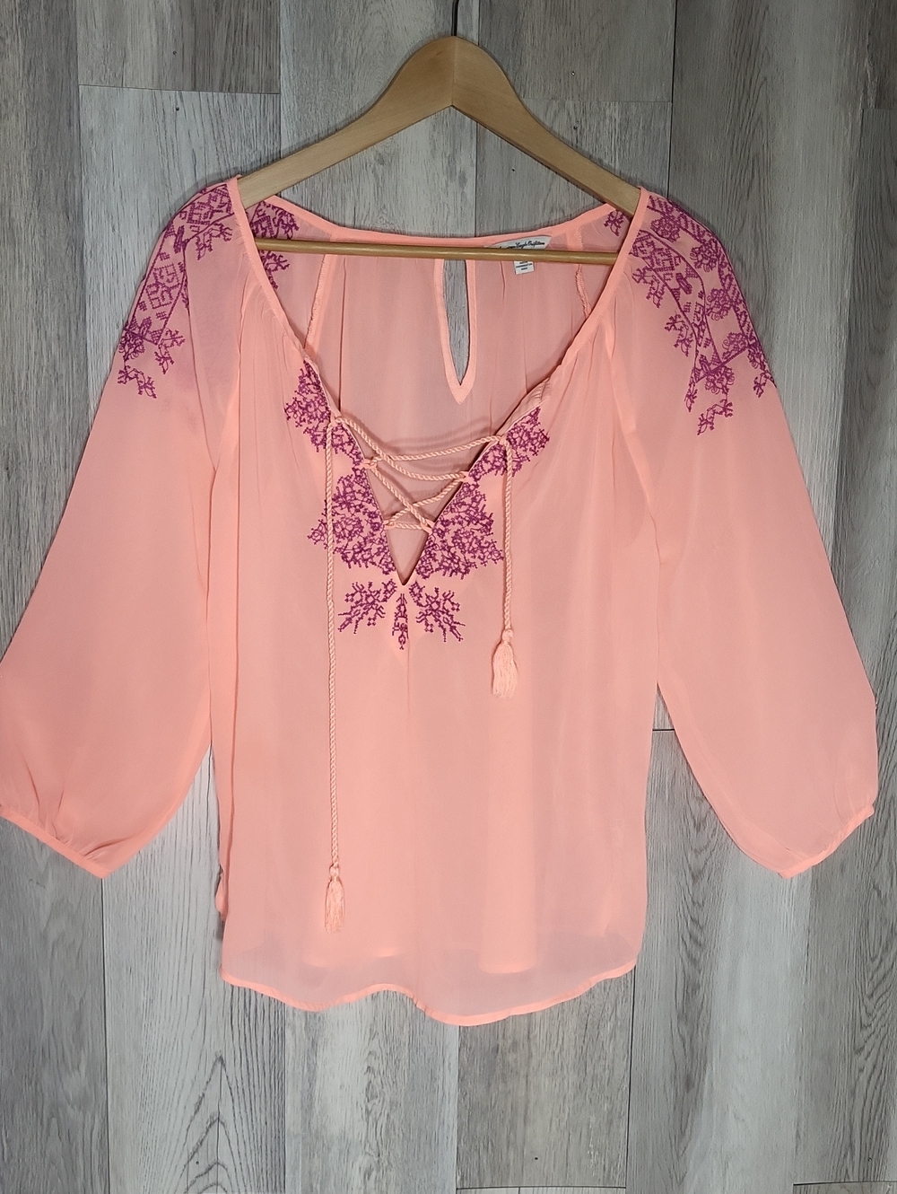 American Eagle Embroidered Boho Peasant Blouse Coral Pink Tassel Sheer M